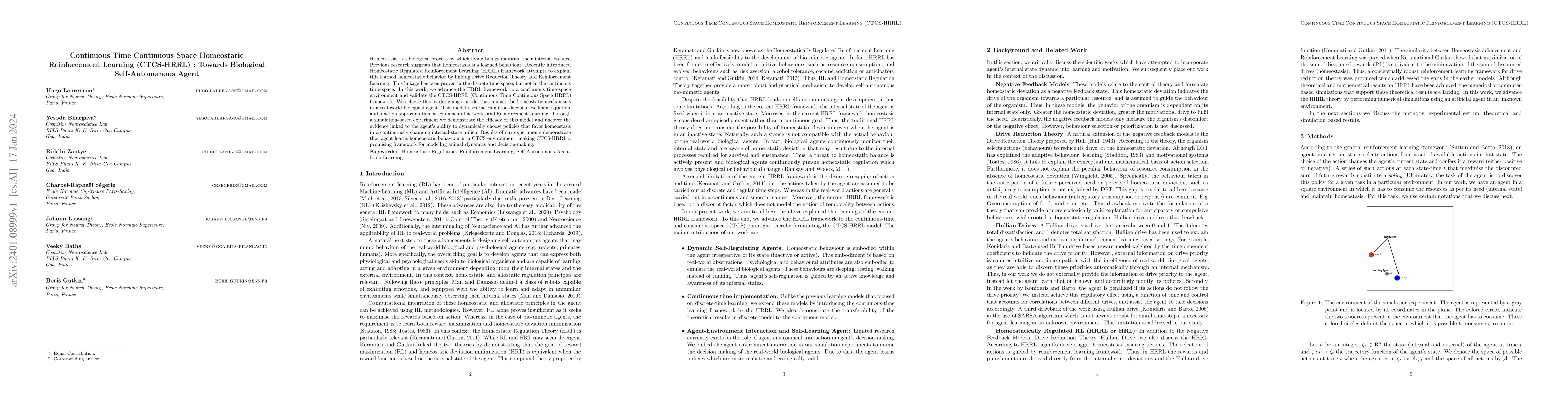 Thumbnail for Continuous Time Continuous Space Homeostatic Reinforcement Learning
  (CTCS-HRRL) : Towards Biological Self-Autonomous Agent