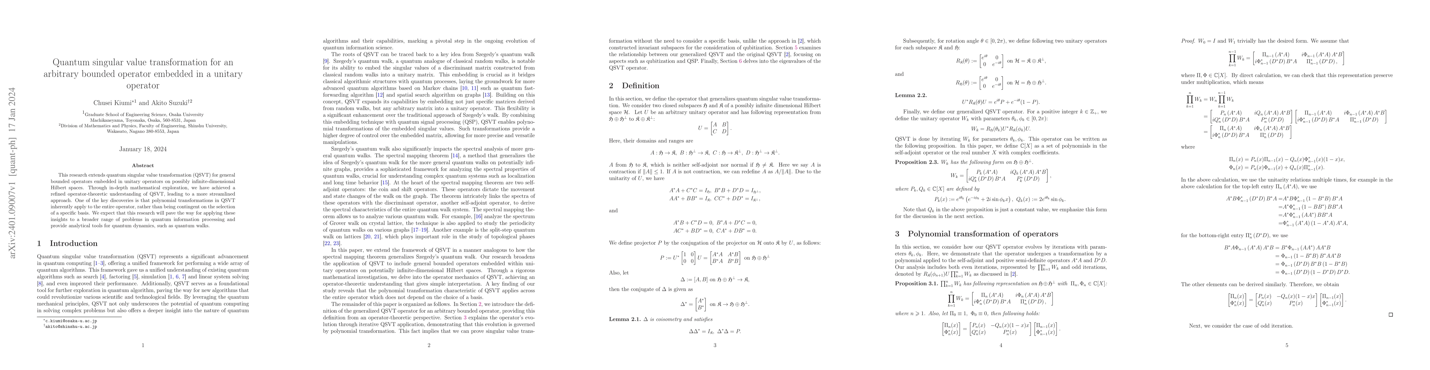 Thumbnail for Quantum singular value transformation for an arbitrary bounded operator
  embedded in a unitary operator