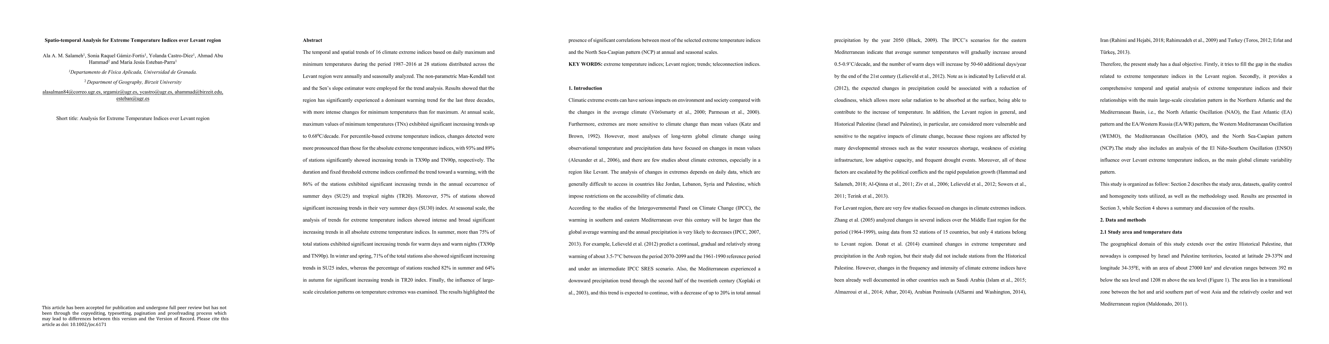 Thumbnail for Spatio-temporal analysis for extreme temperature indices over the Levant
  region