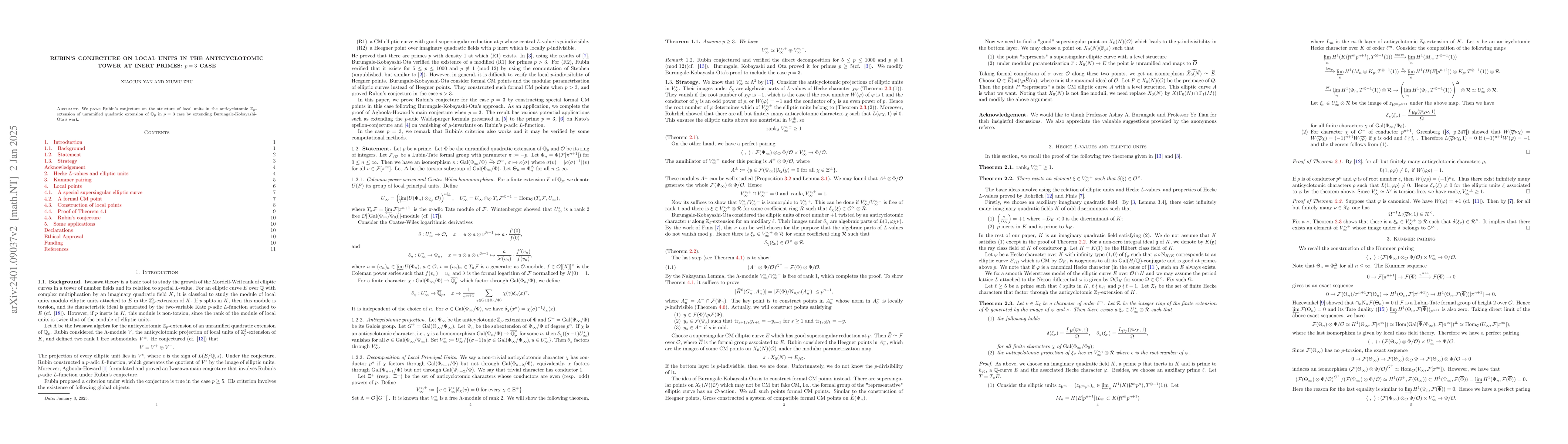 Thumbnail for Rubin's conjecture on local units in the anticyclotomic tower at inert
  primes: $p=3$ case