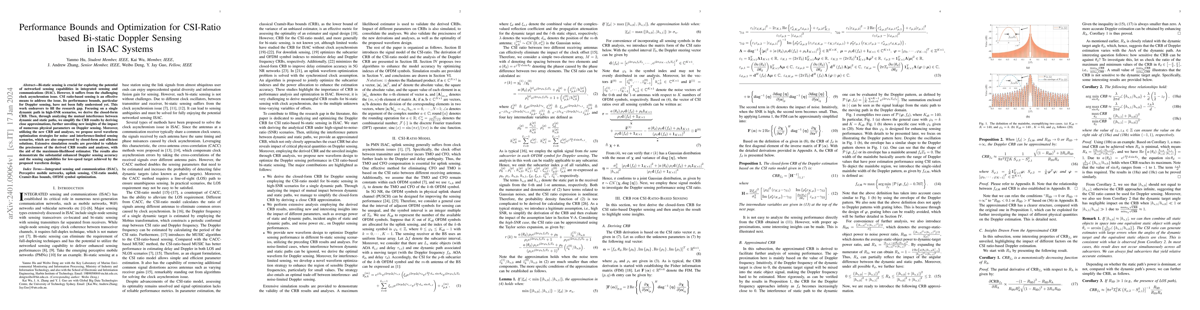 Thumbnail for Performance Bounds and Optimization for CSI-Ratio based Bi-static
  Doppler Sensing in ISAC Systems