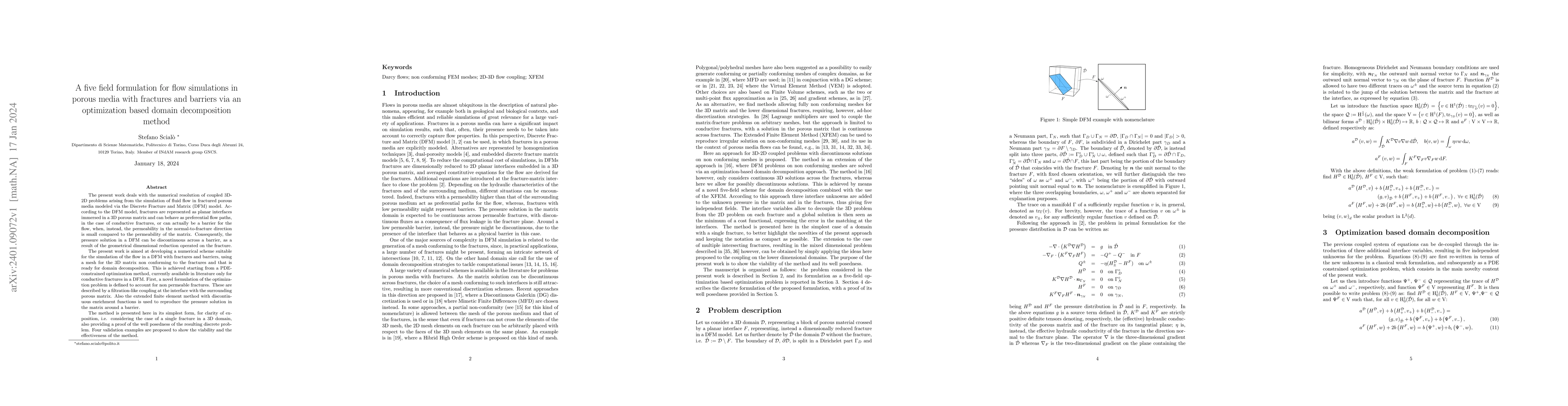 Thumbnail for A five field formulation for flow simulations in porous media with
  fractures and barriers via an optimization based domain decomposition method
