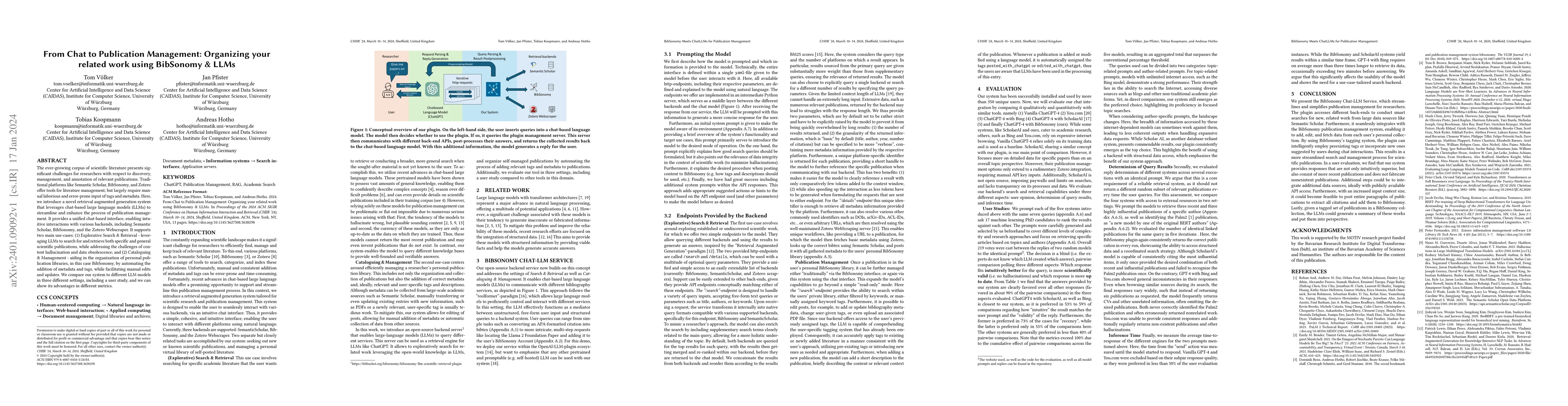 Thumbnail for BibSonomy Meets ChatLLMs for Publication Management: From Chat to
  Publication Management: Organizing your related work using BibSonomy & LLMs