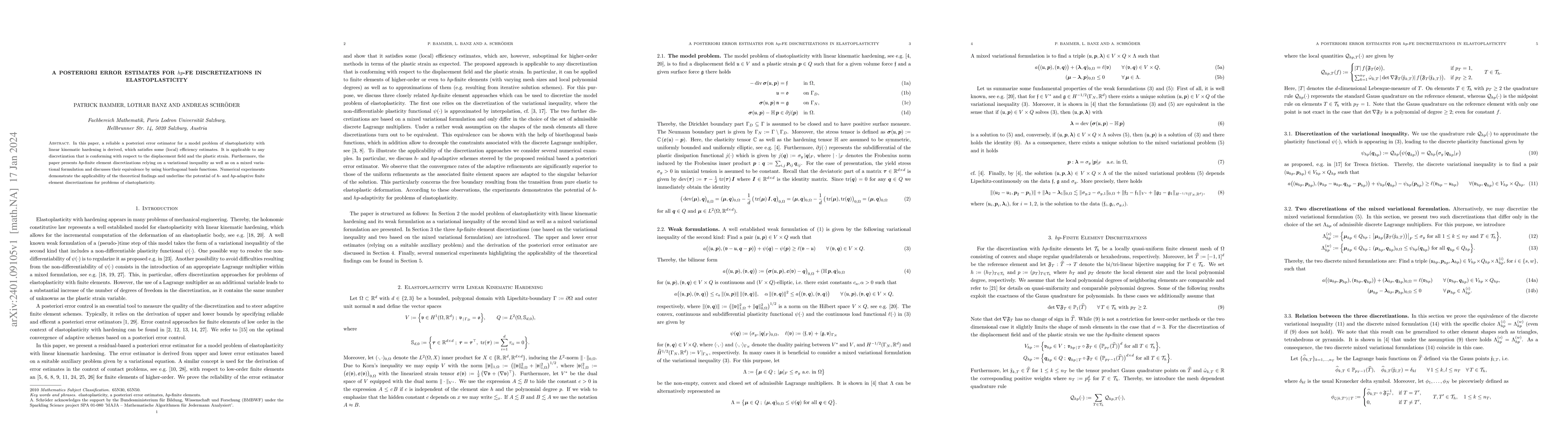 Thumbnail for A Posteriori Error Estimates for $hp$-FE Discretizations in
  Elastoplasticity