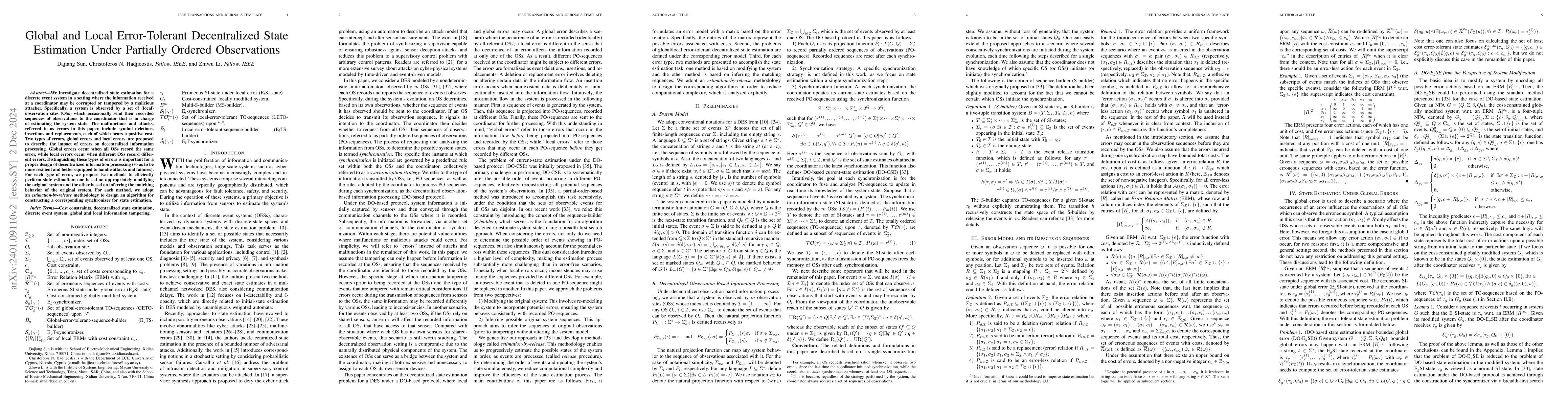 Thumbnail for Global and Local Error-Tolerant Decentralized State Estimation under
  Partially Ordered Observations