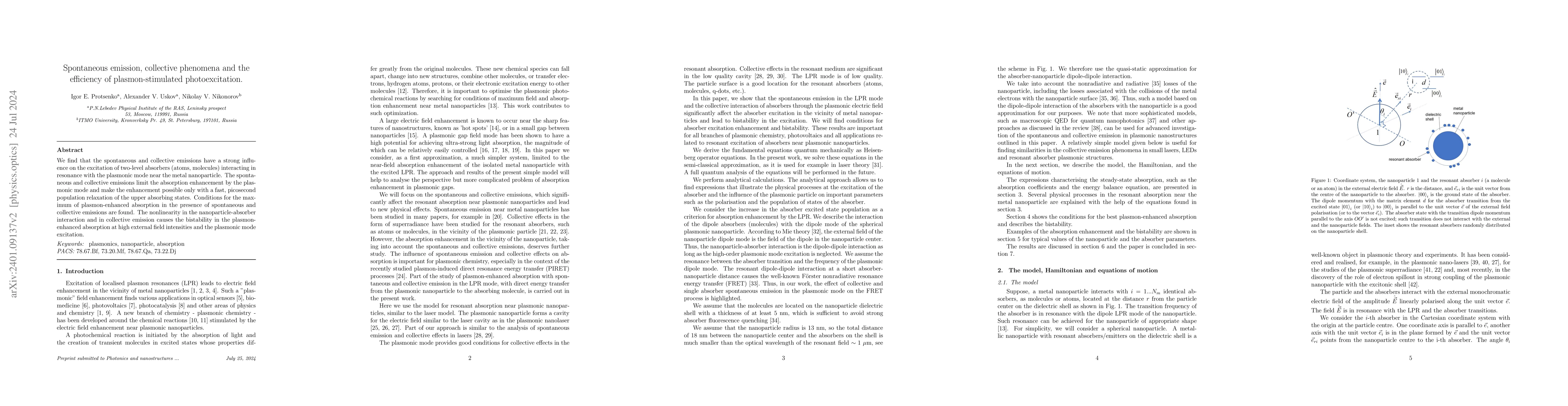 Thumbnail for Spontaneous emission, collective phenomena and the efficiency of
  plasmon-stimulated photo-excitation