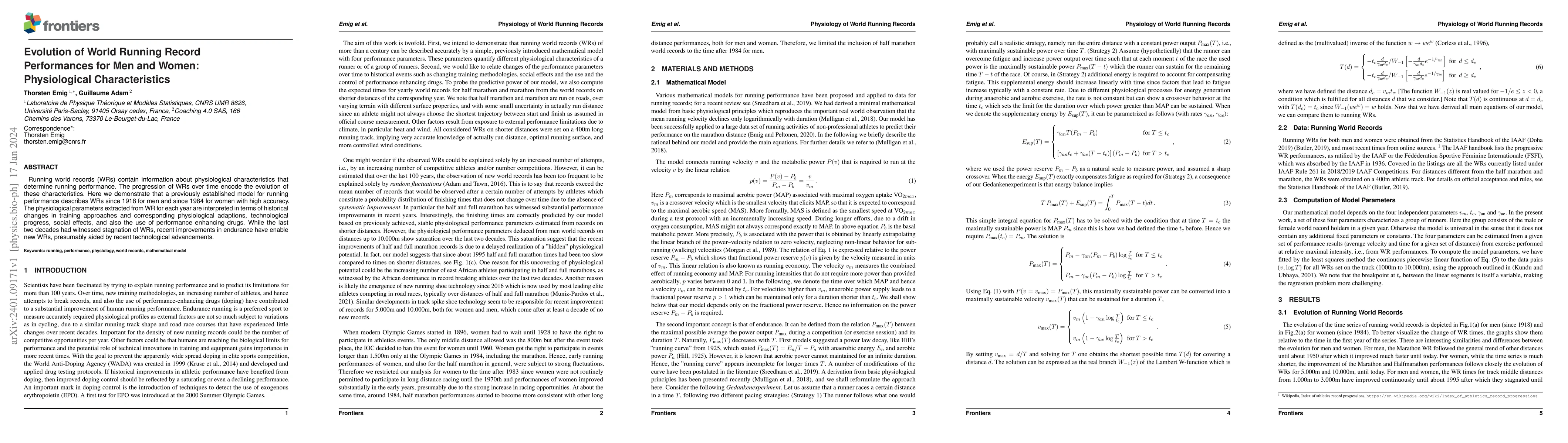Thumbnail for Evolution of World Running Record Performances for Men and Women:
  Physiological Characteristics