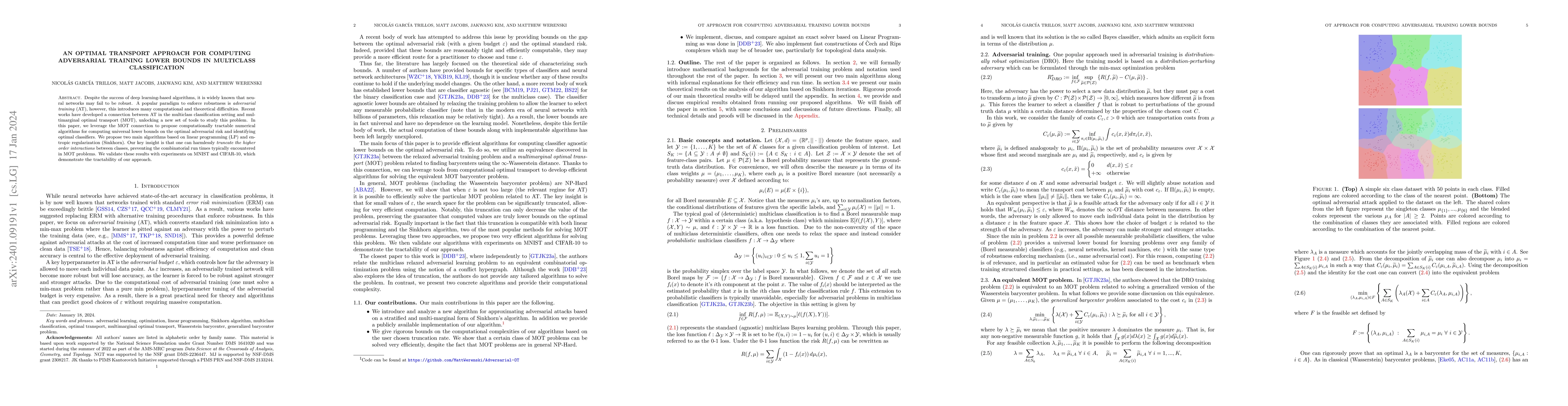 Thumbnail for An Optimal Transport Approach for Computing Adversarial Training Lower
  Bounds in Multiclass Classification