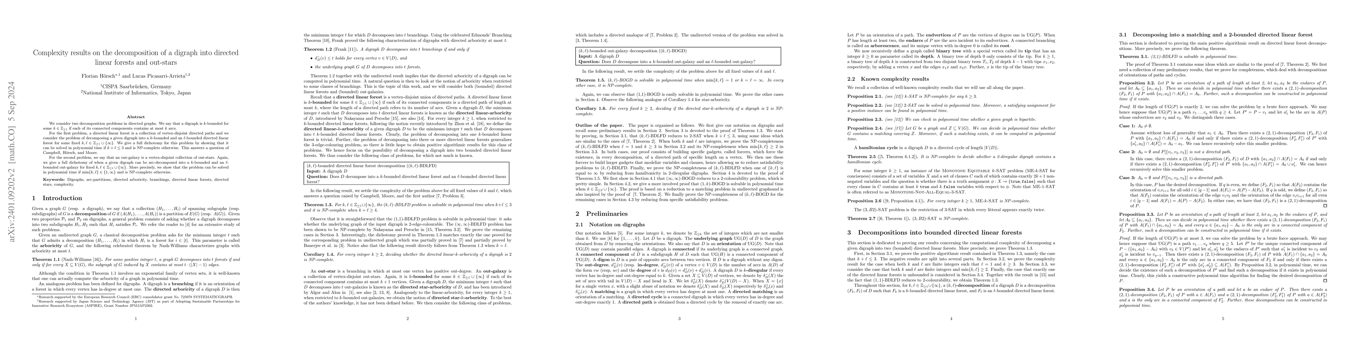 Thumbnail for Complexity results on the decomposition of a digraph into directed
  linear forests and out-stars