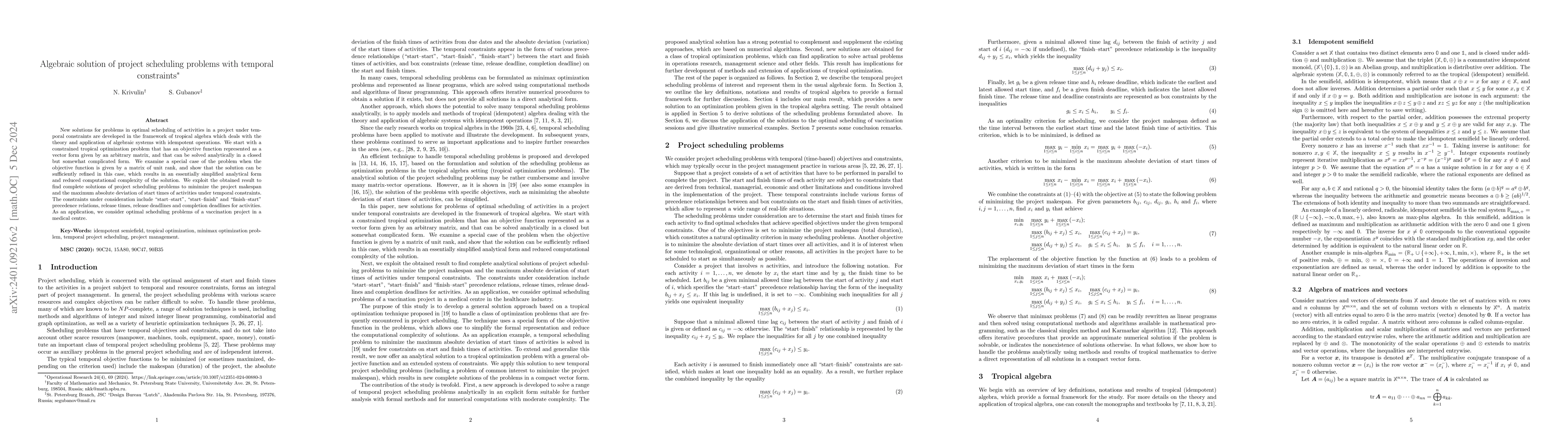 Thumbnail for Algebraic solution of project scheduling problems with temporal
  constraints