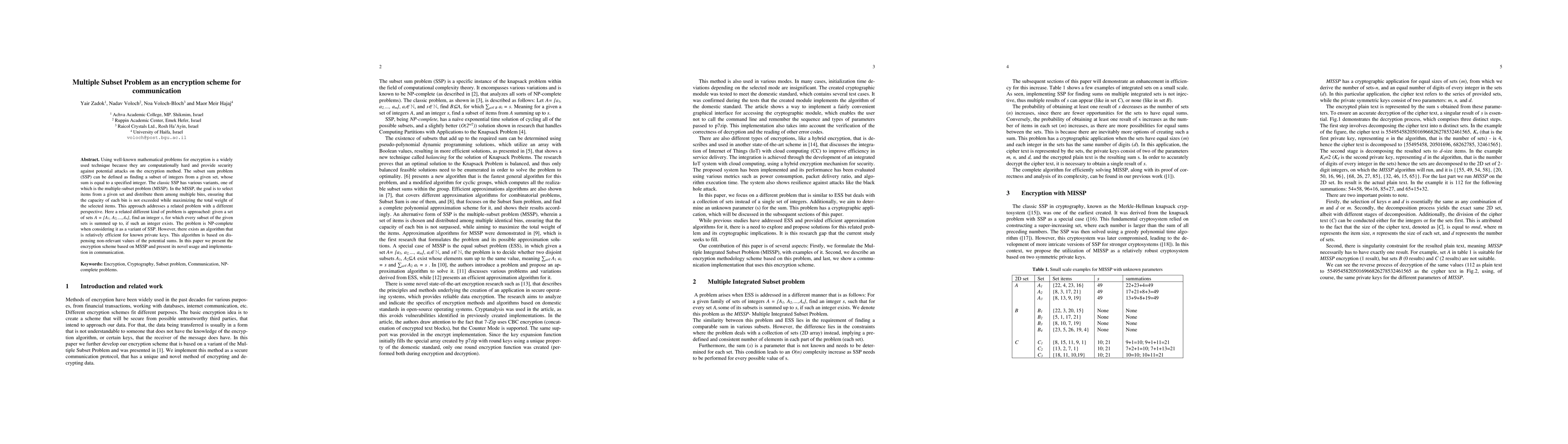 Thumbnail for Multiple Subset Problem as an encryption scheme for communication