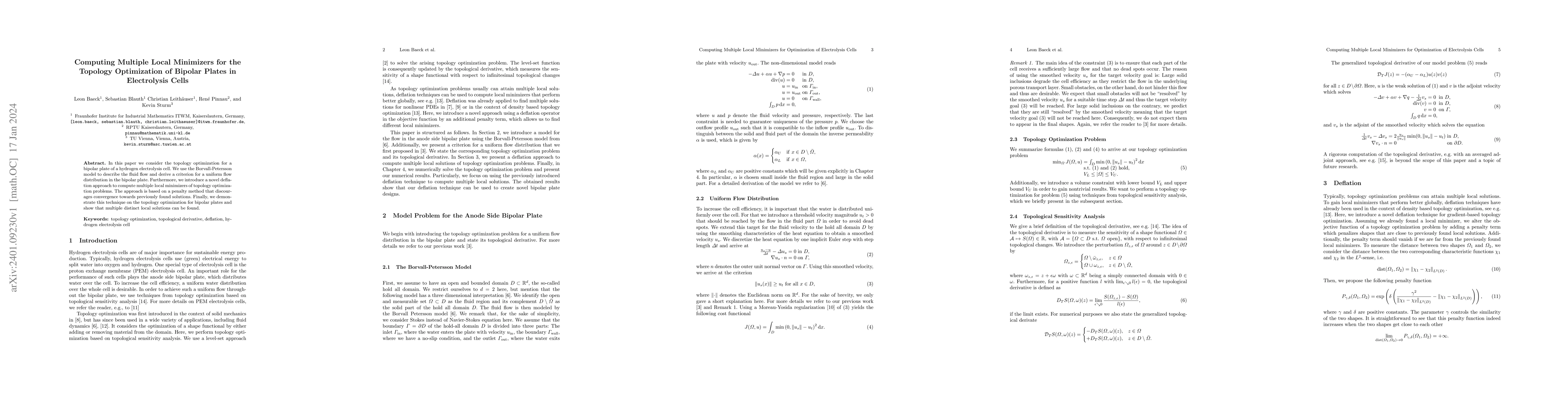 Thumbnail for Computing Multiple Local Minimizers for the Topology Optimization of
  Bipolar Plates in Electrolysis Cells