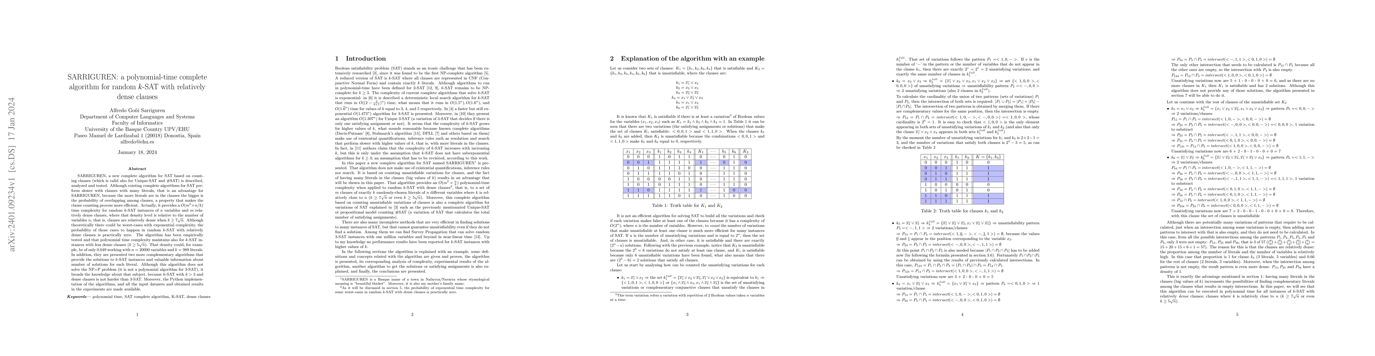 Thumbnail for SARRIGUREN: a polynomial-time complete algorithm for random $k$-SAT with
  relatively dense clauses