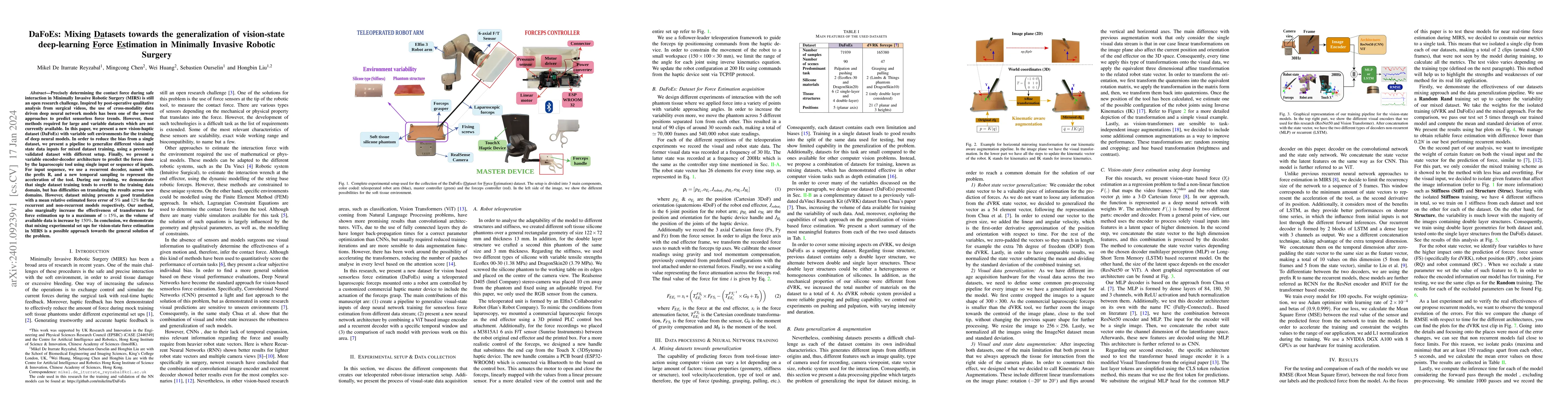 Thumbnail for DaFoEs: Mixing Datasets towards the generalization of vision-state
  deep-learning Force Estimation in Minimally Invasive Robotic Surgery