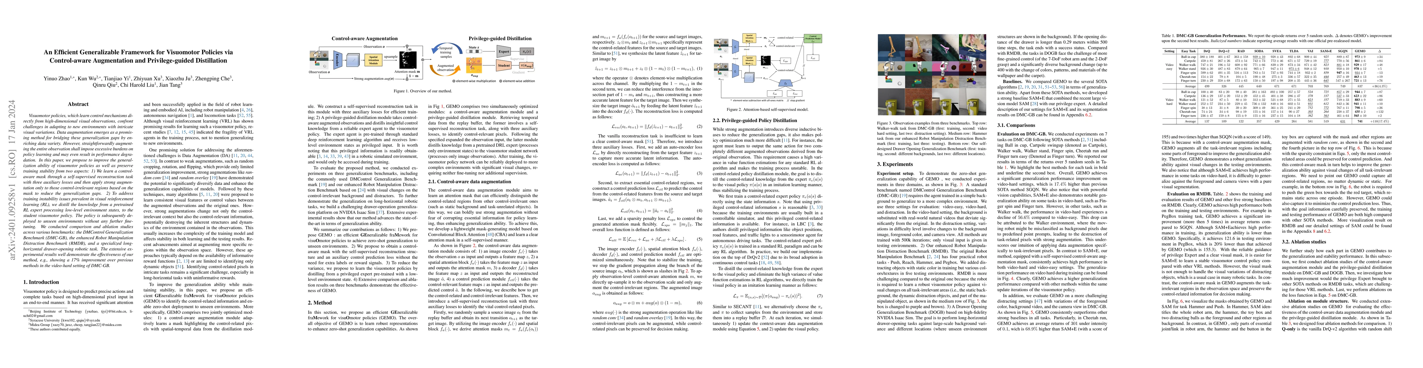 Thumbnail for An Efficient Generalizable Framework for Visuomotor Policies via
  Control-aware Augmentation and Privilege-guided Distillation