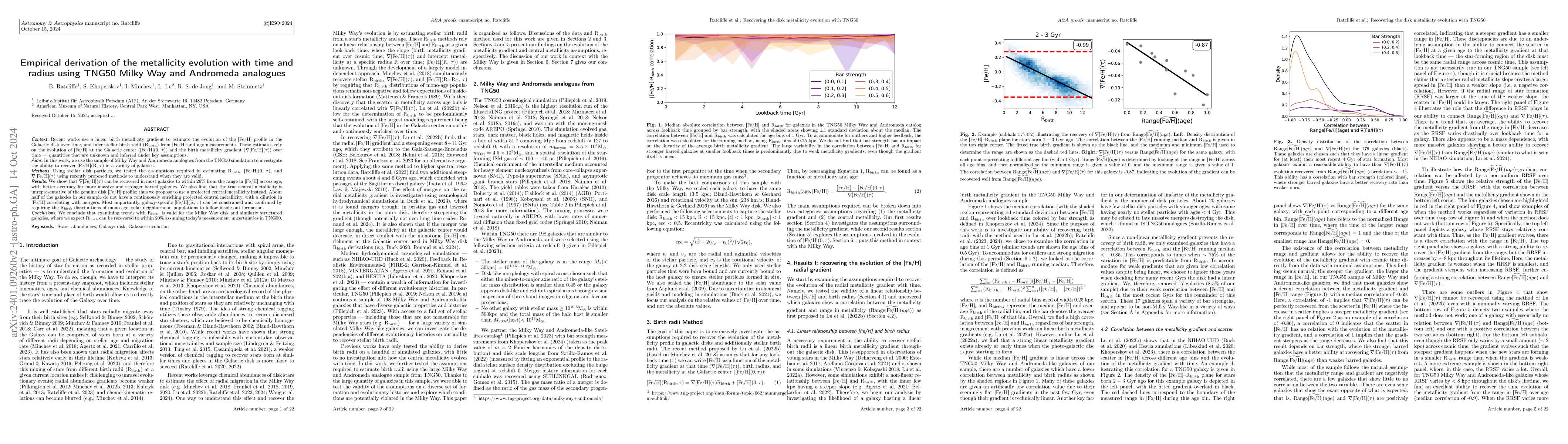 Thumbnail for Empirical derivation of the metallicity evolution with time and radius
  using TNG50 Milky Way/Andromeda analogues