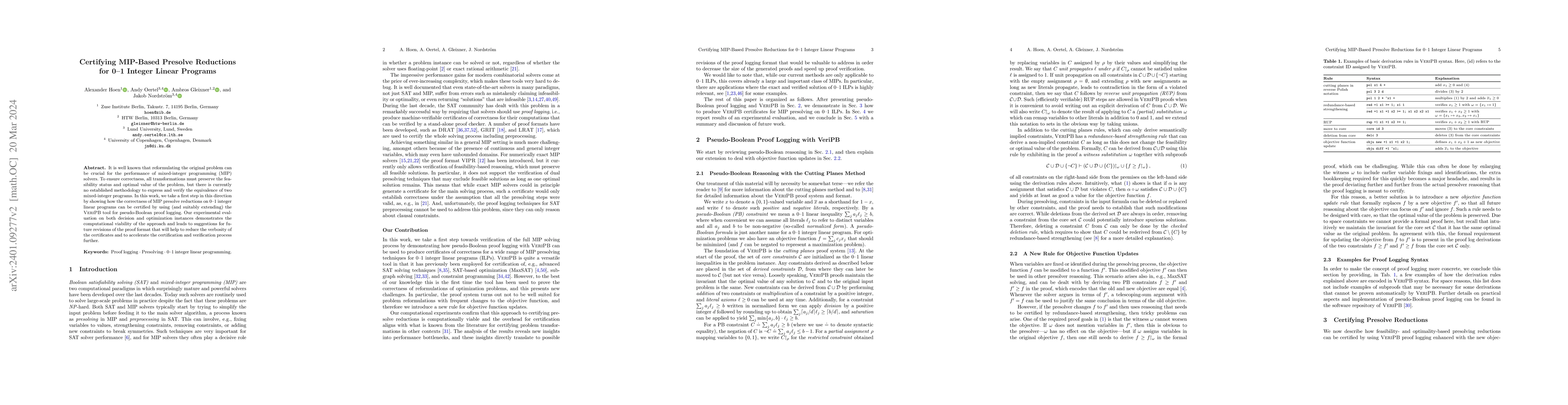 Thumbnail for Certifying MIP-based Presolve Reductions for 0-1 Integer Linear Programs