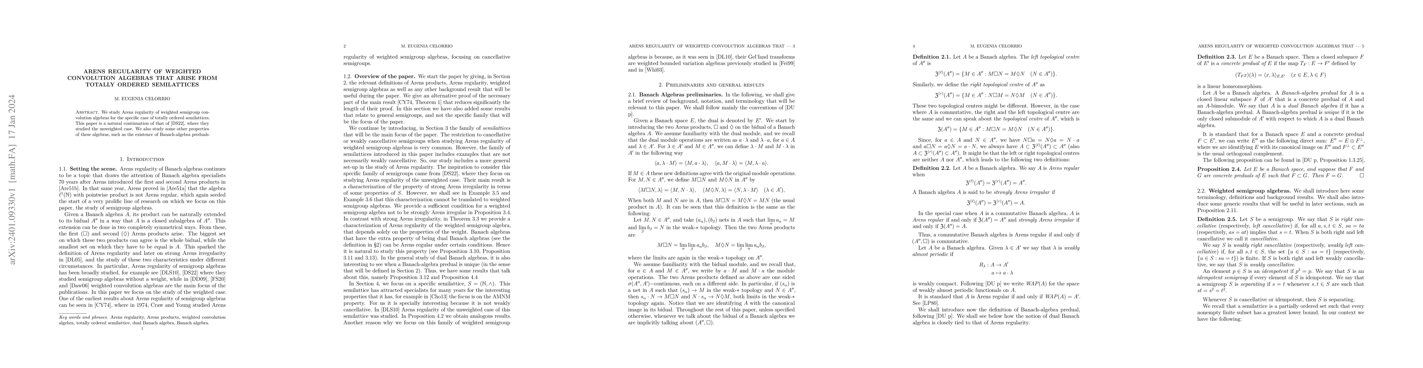 Thumbnail for Arens regularity of weighted convolution algebras that arise from
  totally ordered semilattices