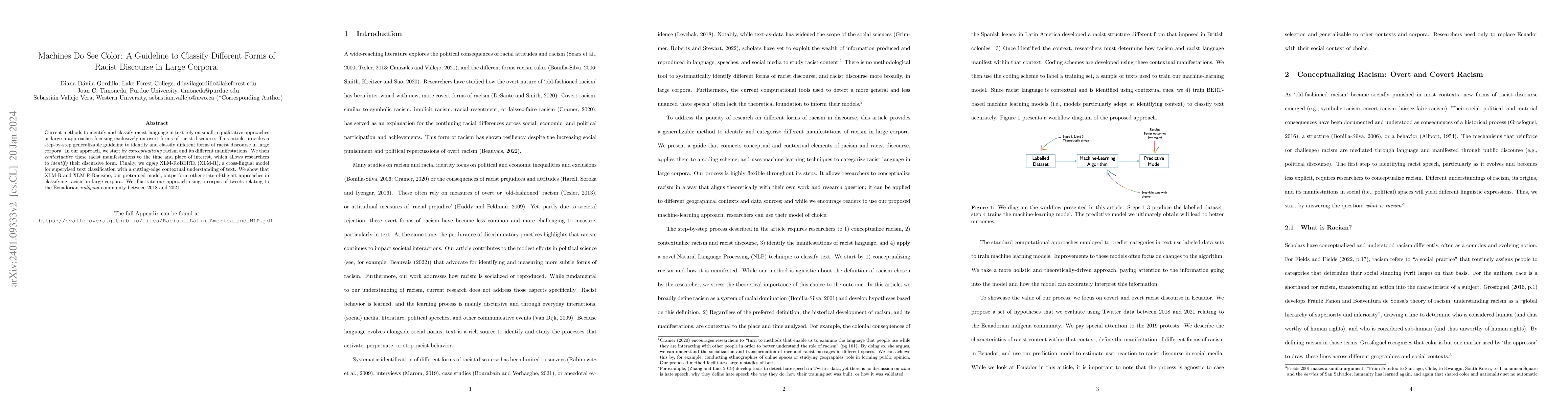 Thumbnail for Machines Do See Color: A Guideline to Classify Different Forms of Racist
  Discourse in Large Corpora