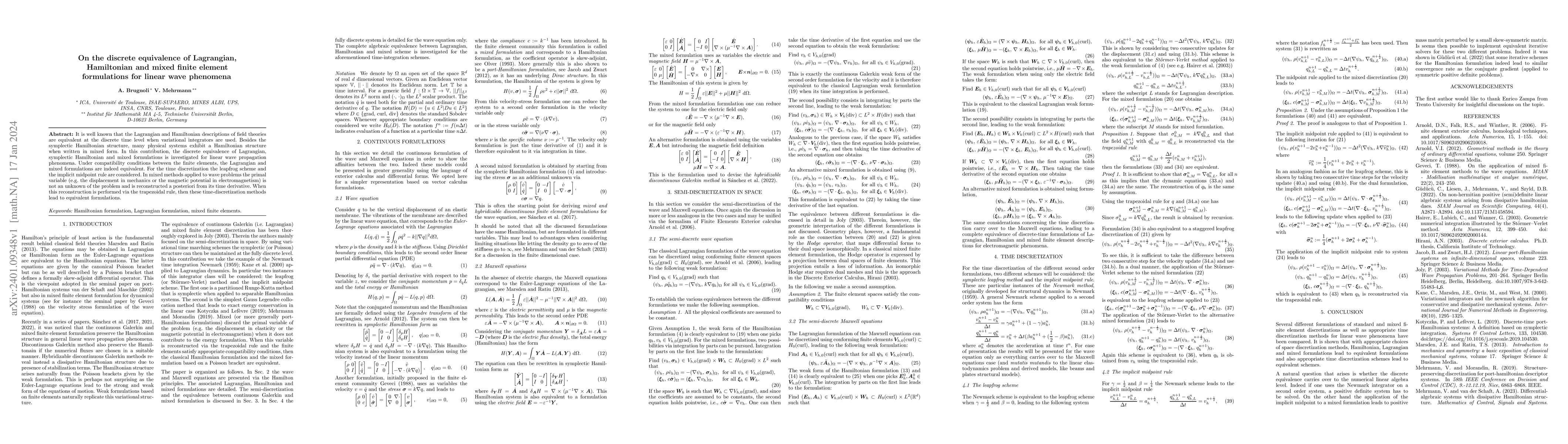 Thumbnail for On the discrete equivalence of Lagrangian, Hamiltonian and mixed finite
  element formulations for linear wave phenomena
