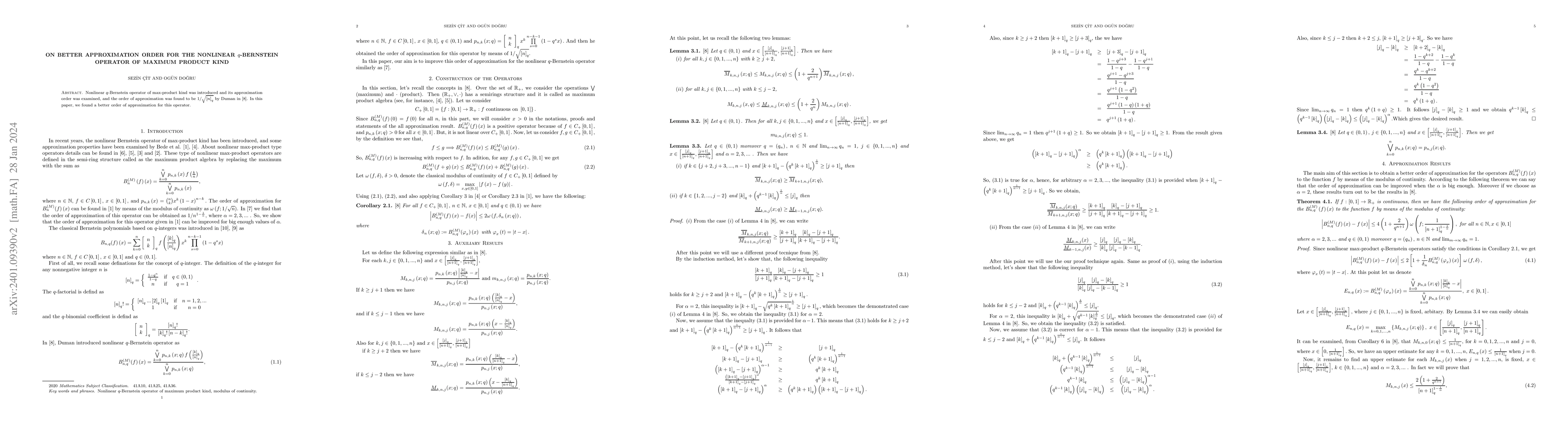 Thumbnail for On Better Approximation Order for the Nonlinear q-Bernstein Operator of
  Maximum Product Kind