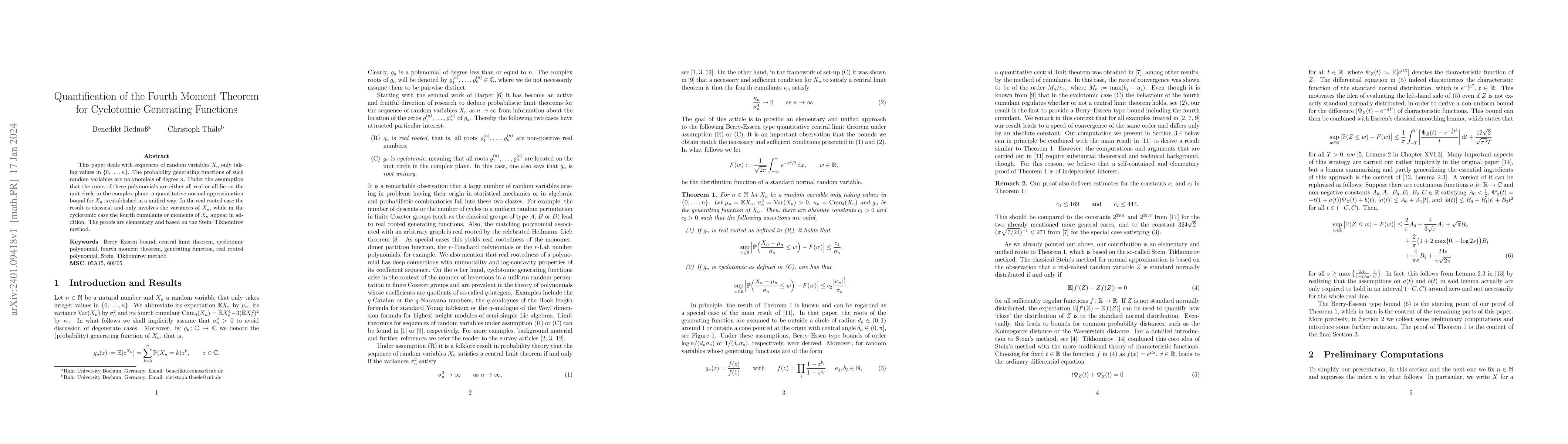 Thumbnail for Quantification of the Fourth Moment Theorem for Cyclotomic Generating
  Functions