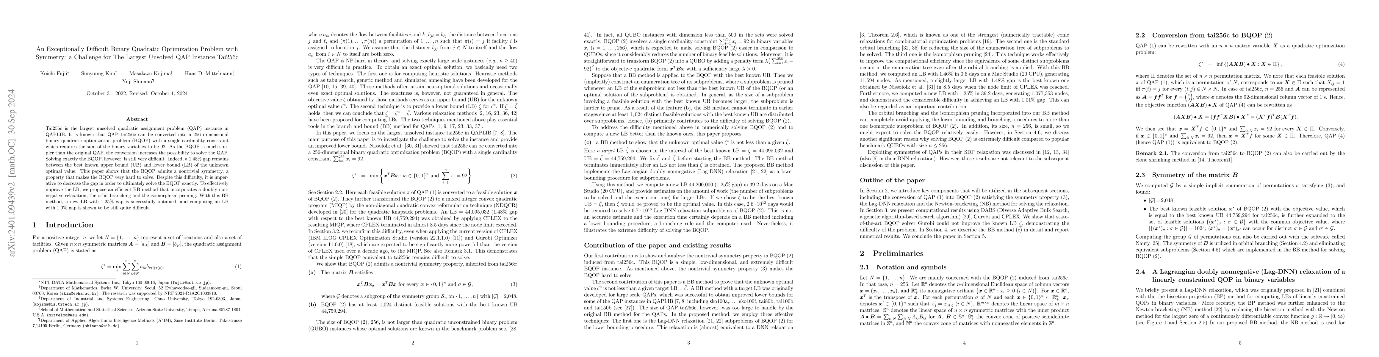 Thumbnail for An Exceptionally Difficult Binary Quadratic Optimization Problem with
  Symmetry: a Challenge for The Largest Unsolved QAP Instance Tai256c