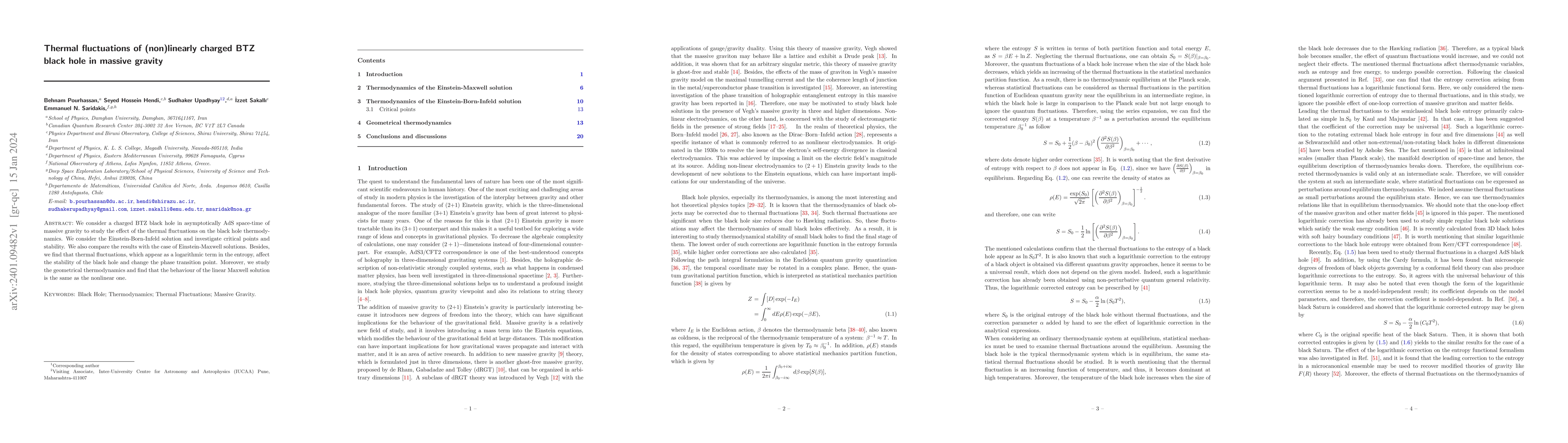 Thumbnail for Thermal fluctuations of (non)linearly charged BTZ black hole in massive
  gravity