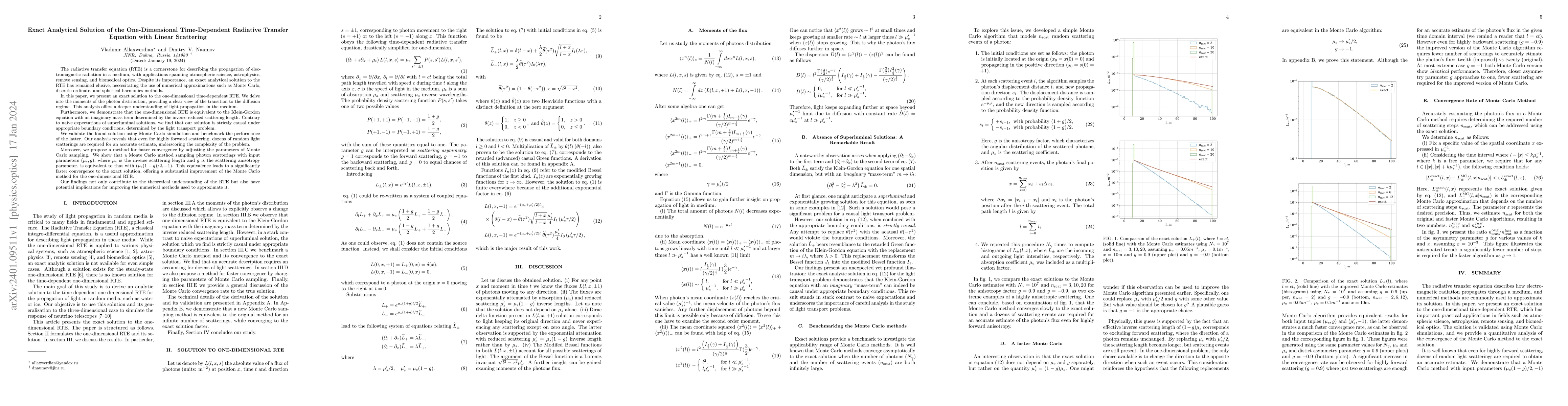 Thumbnail for Exact Analytical Solution of the One-Dimensional Time-Dependent
  Radiative Transfer Equation with Linear Scattering