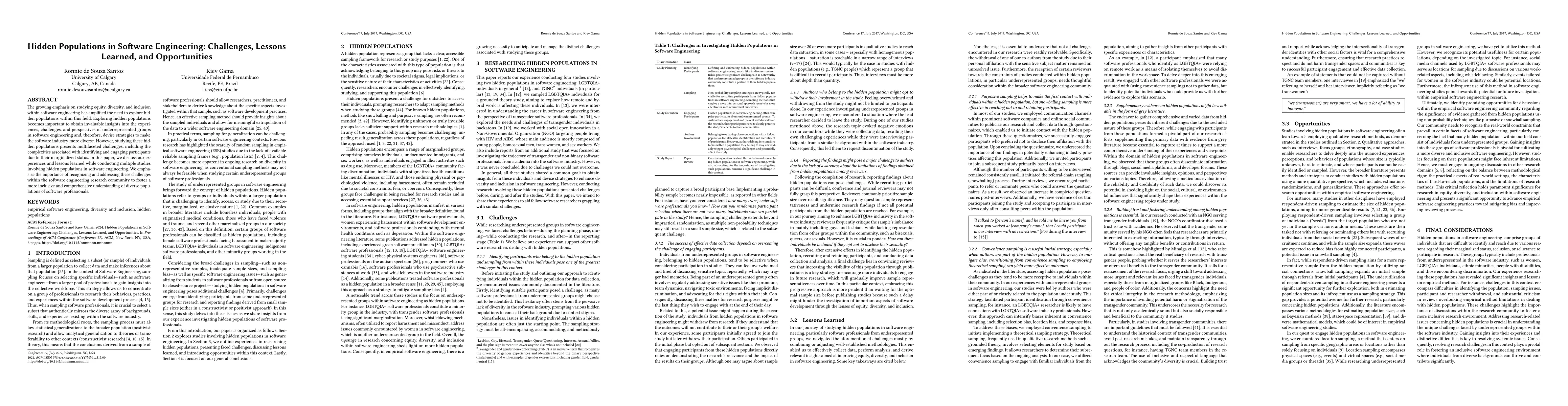 Thumbnail for Hidden Populations in Software Engineering: Challenges, Lessons Learned,
  and Opportunities