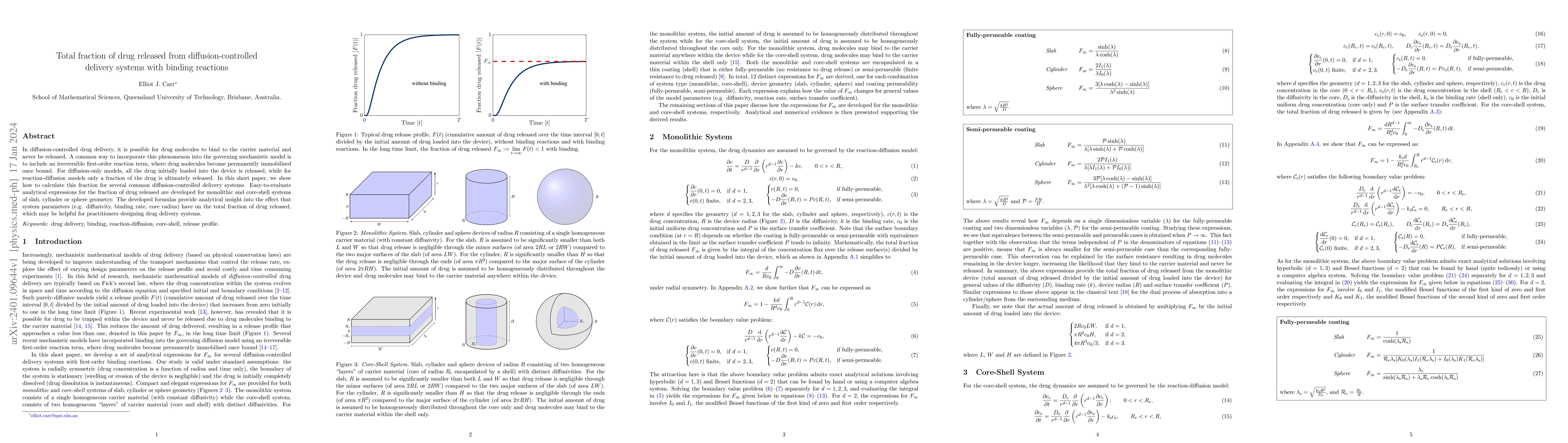 Thumbnail for Total fraction of drug released from diffusion-controlled delivery
  systems with binding reactions