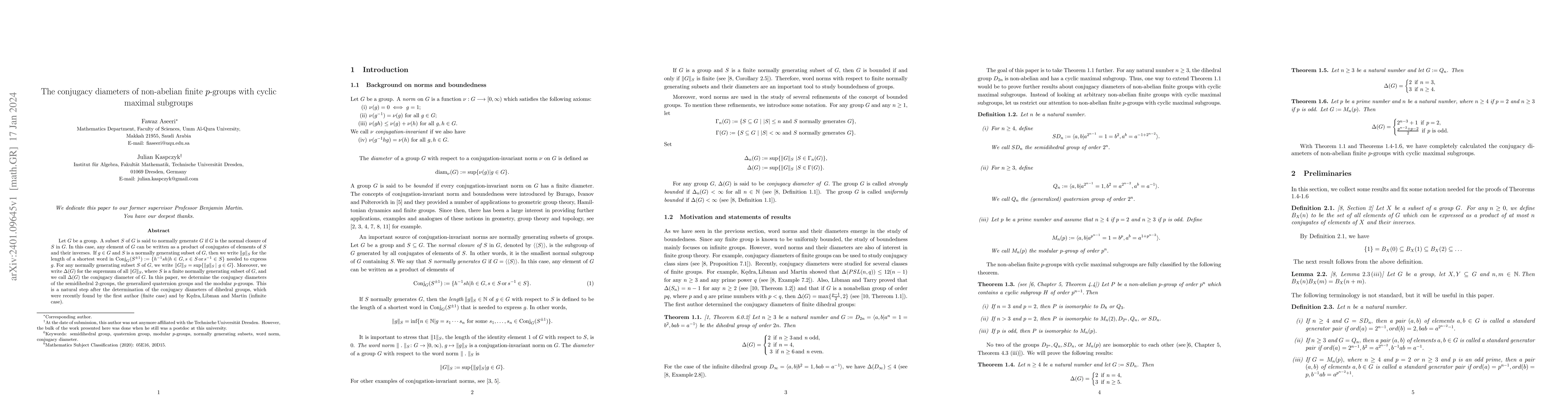 Thumbnail for The conjugacy diameters of non-abelian finite $p$-groups with cyclic
  maximal subgroups