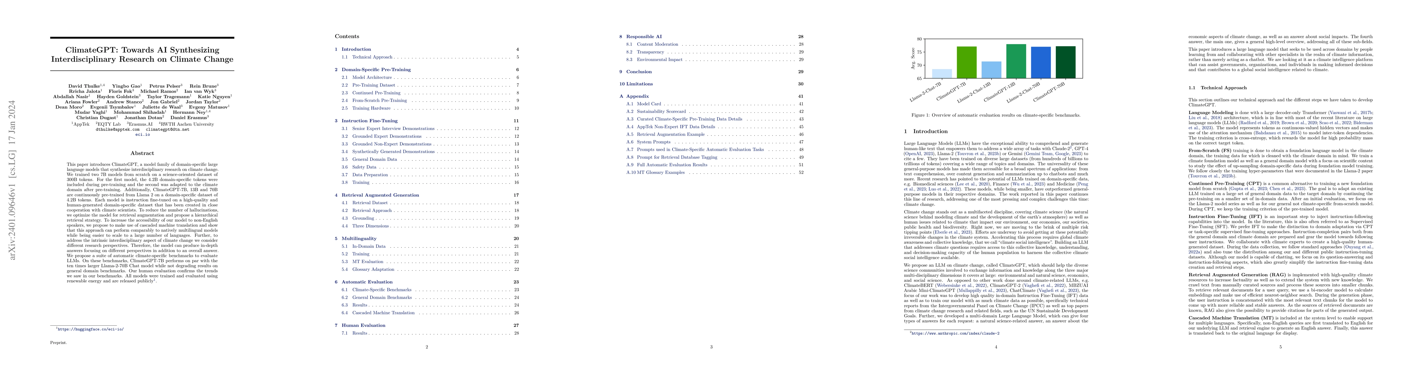 Thumbnail for ClimateGPT: Towards AI Synthesizing Interdisciplinary Research on
  Climate Change