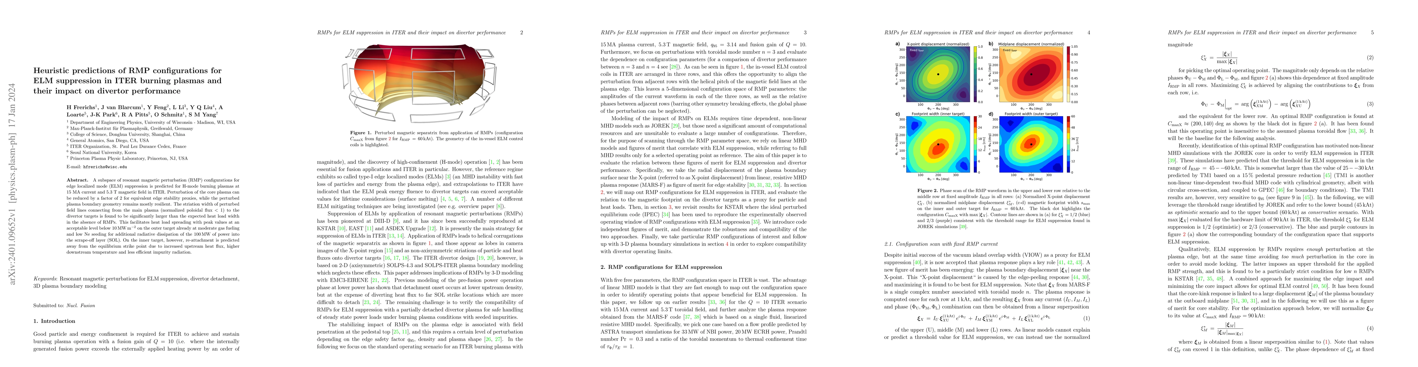 Thumbnail for Heuristic predictions of RMP configurations for ELM suppression in ITER
  burning plasmas and their impact on divertor performance
