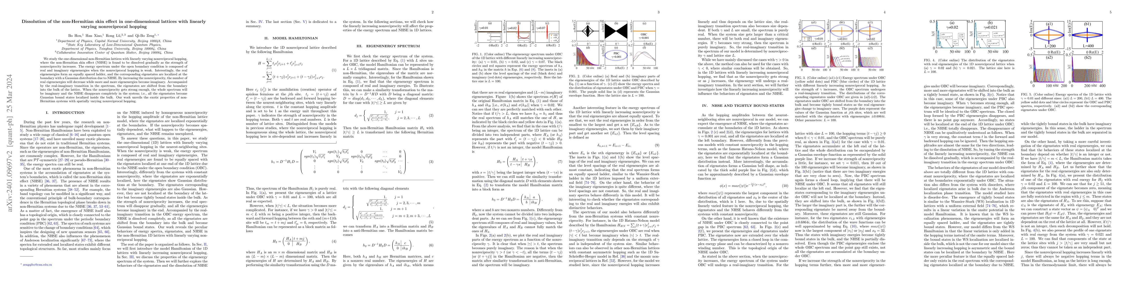 Thumbnail for Dissolution of the non-Hermitian skin effect in one-dimensional lattices
  with linearly varying nonreciprocal hopping