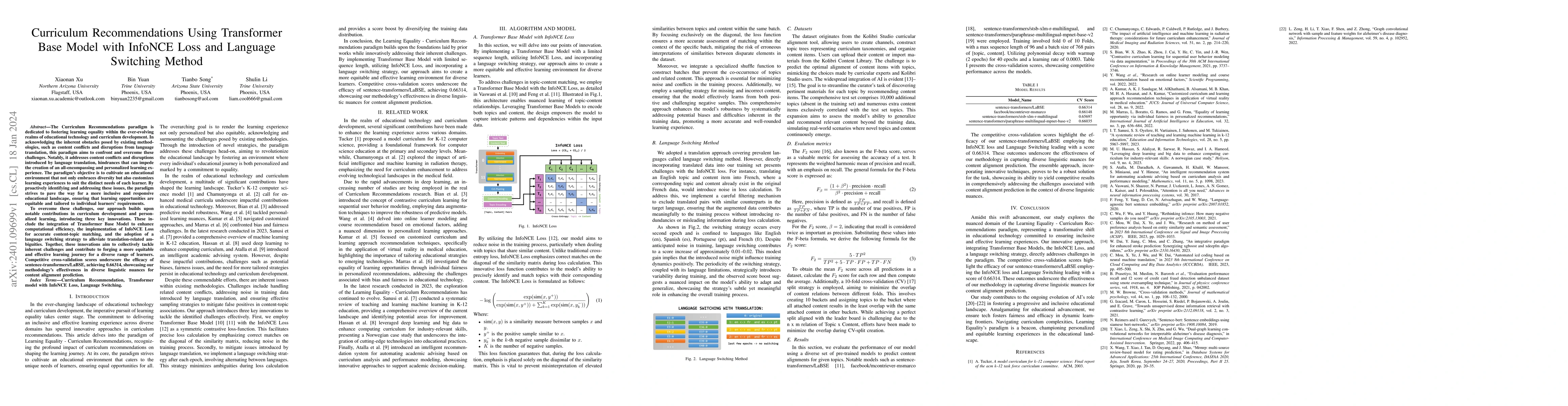 Thumbnail for Curriculum Recommendations Using Transformer Base Model with InfoNCE
  Loss And Language Switching Method