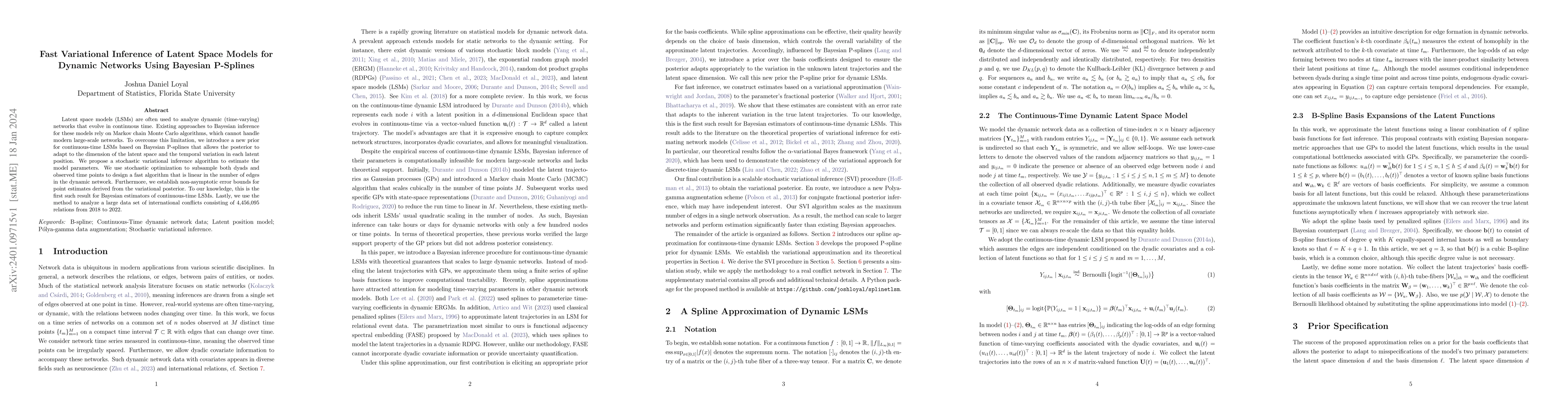 Thumbnail for Fast Variational Inference of Latent Space Models for Dynamic Networks
  Using Bayesian P-Splines