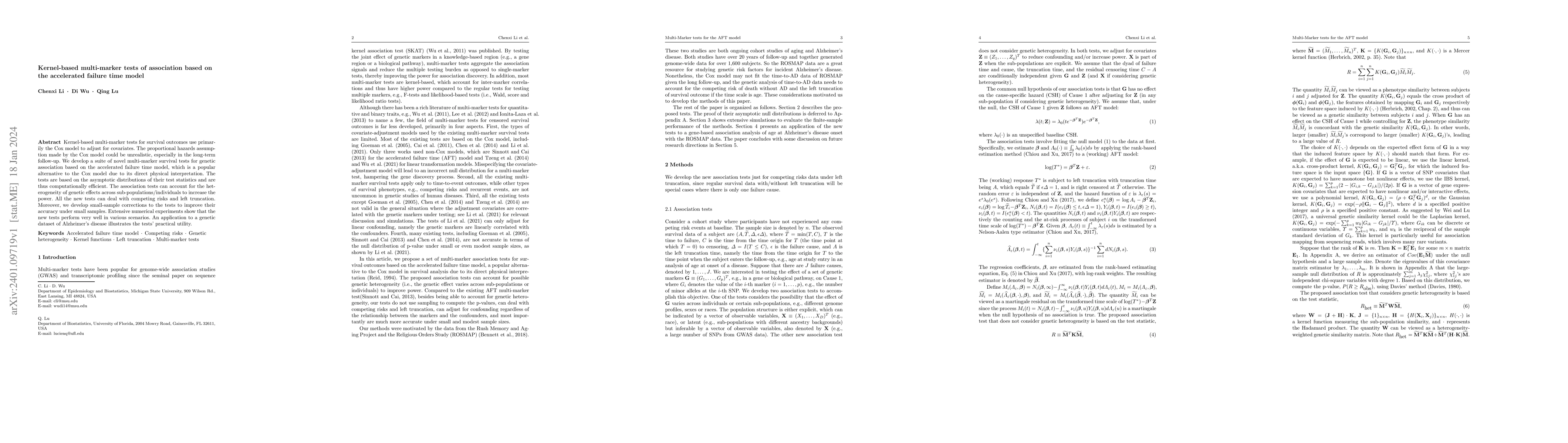 Thumbnail for Kernel-based multi-marker tests of association based on the accelerated
  failure time model