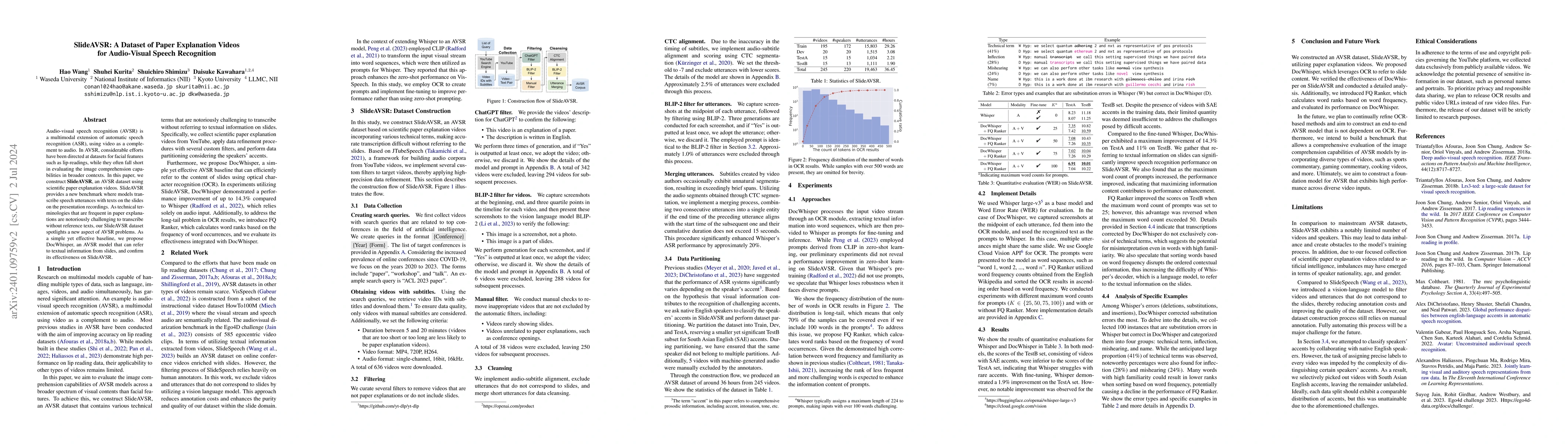 Thumbnail for SlideAVSR: A Dataset of Paper Explanation Videos for Audio-Visual Speech
  Recognition
