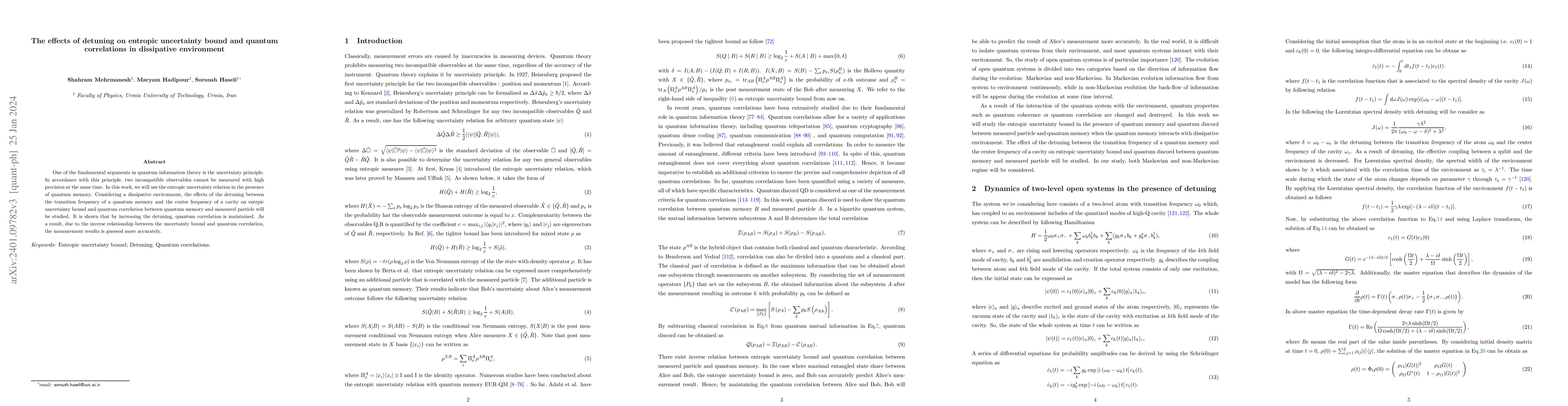 Thumbnail for The effects of detuning on entropic uncertainty bound and quantum
  correlations in dissipative environment