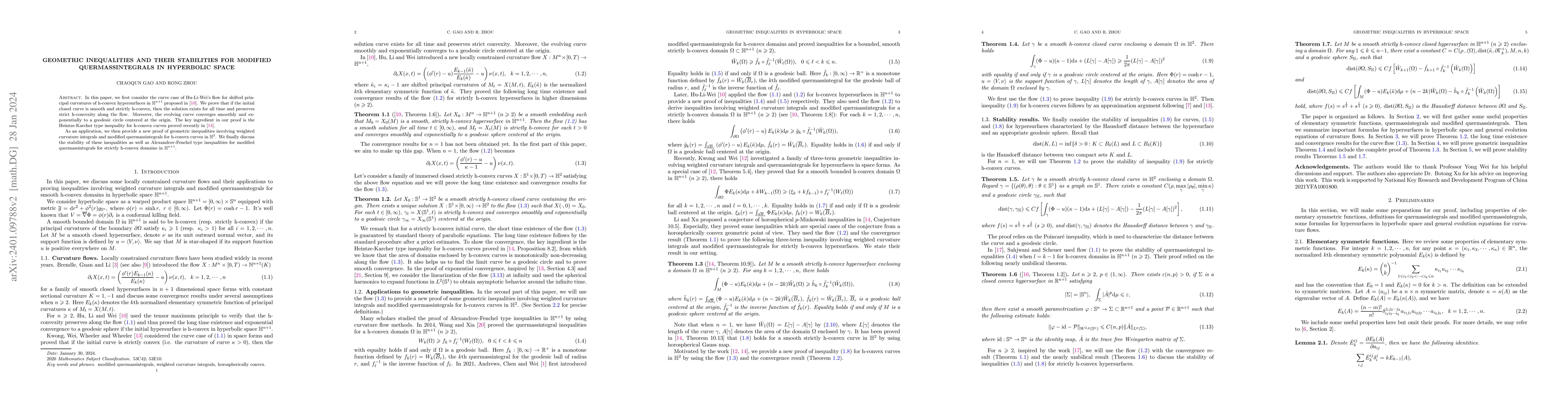Thumbnail for Geometric inequalities and their stabilities for modified
  quermassintegrals in hyperbolic space