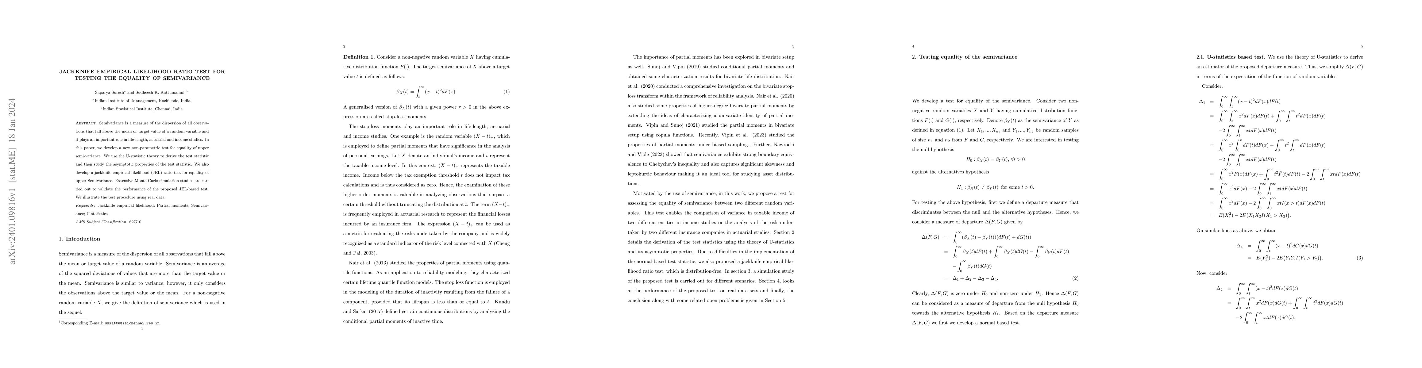 Thumbnail for Jackknife empirical likelihood ratio test for testing the equality of
  semivariance