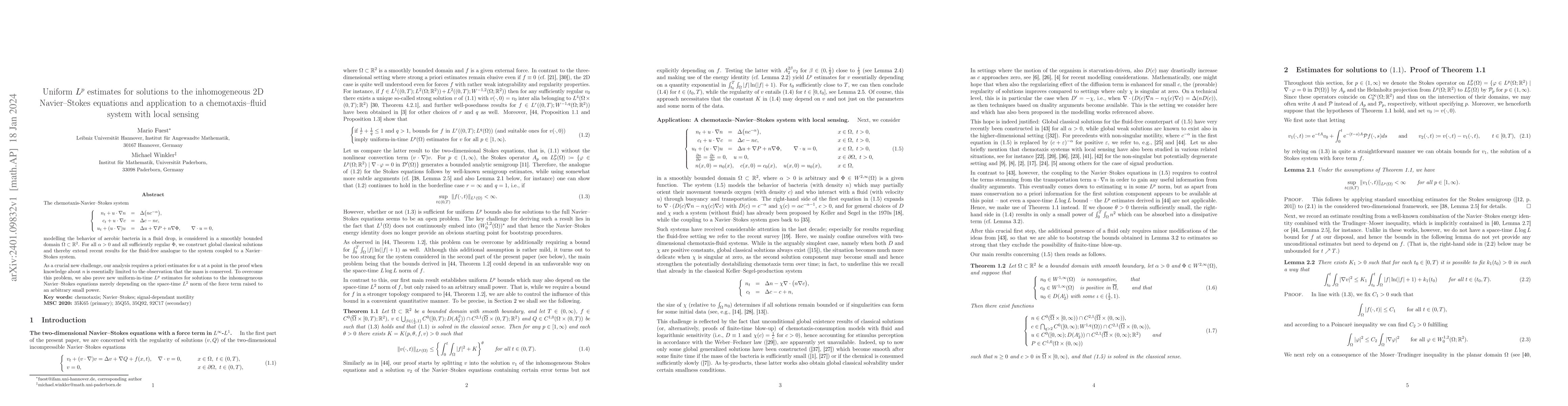 Thumbnail for Uniform $L^p$ estimates for solutions to the inhomogeneous 2D
  Navier-Stokes equations and application to a chemotaxis-fluid system with
  local sensing