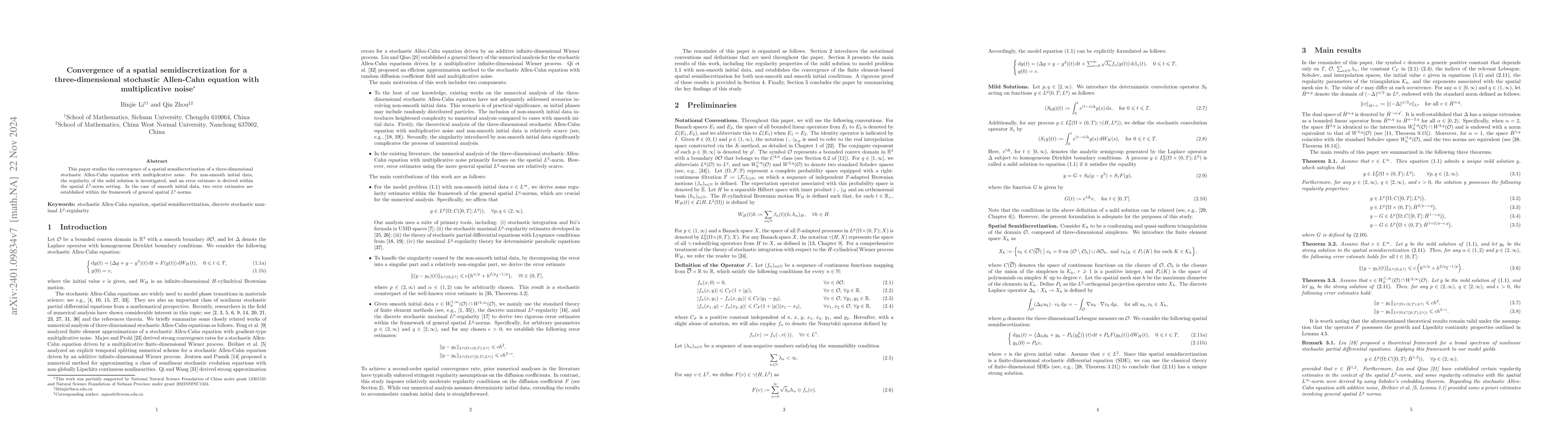 Thumbnail for Convergence of a spatial semidiscretization for a three-dimensional
  stochastic Allen-Cahn equation with multiplicative noise