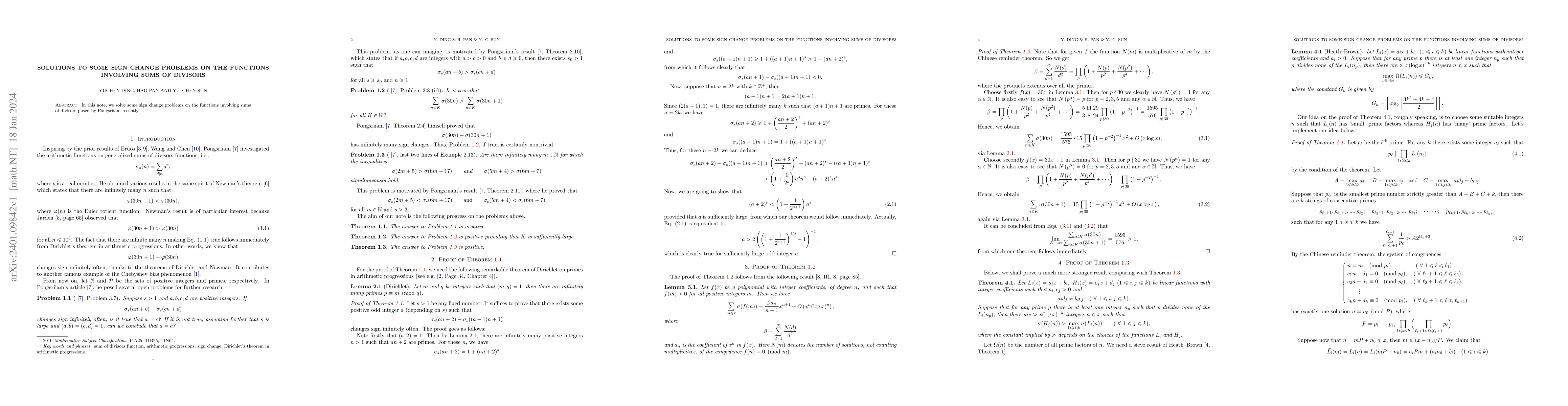 Thumbnail for Solutions to some sign change problems on the functions involving sums
  of divisors
