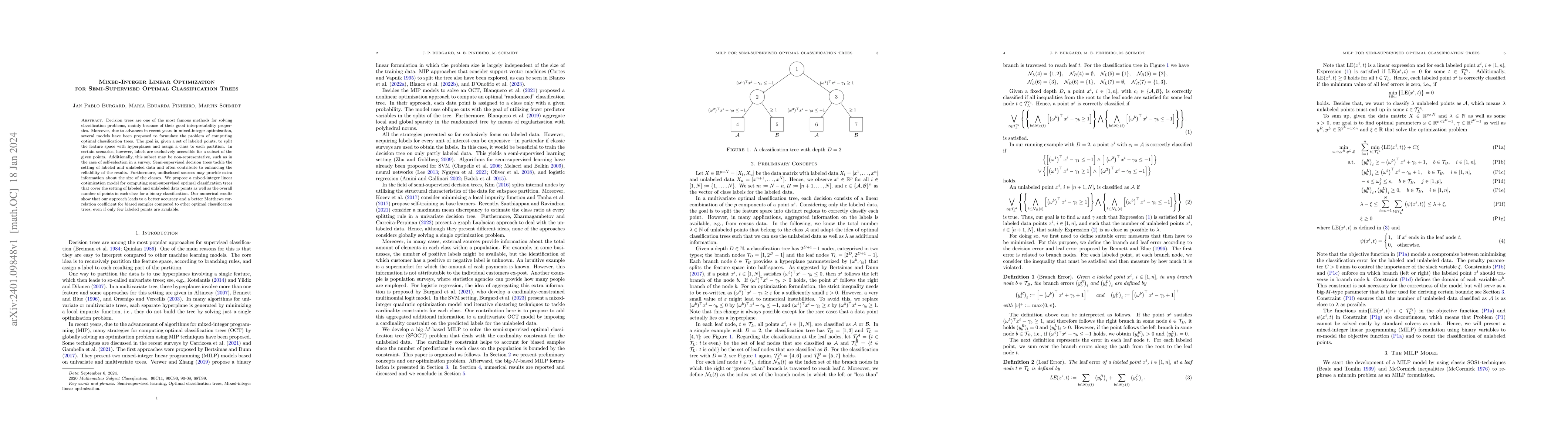 Thumbnail for Mixed-Integer Linear Optimization for Semi-Supervised Optimal
  Classification Trees