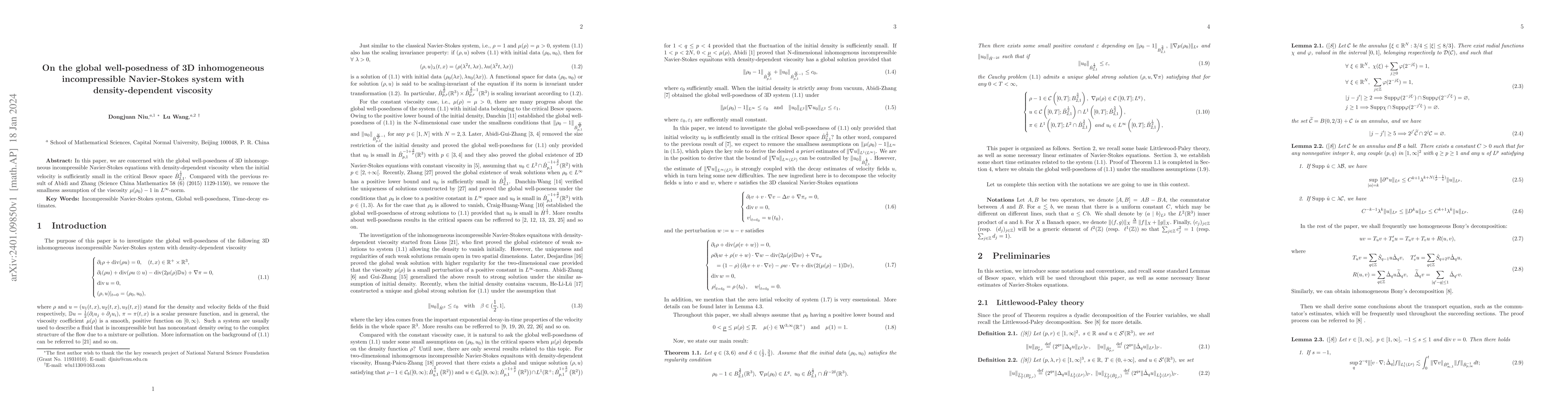 Thumbnail for On the global well-posedness of 3D inhomogeneous incompressible
  Navier-Stokes system with density-dependent viscosity