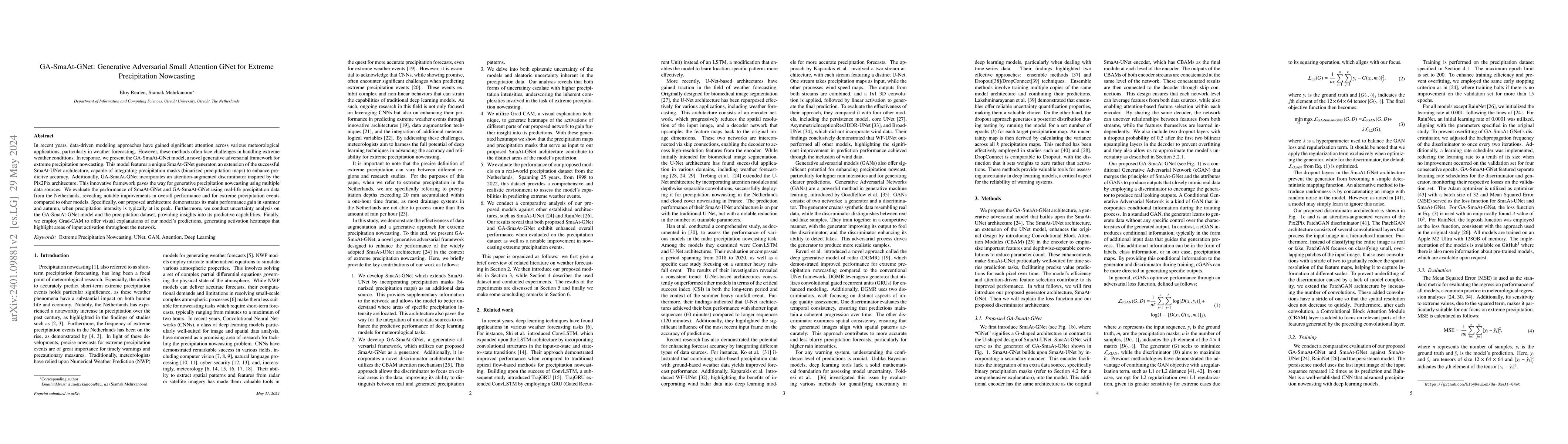 Thumbnail for GA-SmaAt-GNet: Generative Adversarial Small Attention GNet for Extreme
  Precipitation Nowcasting