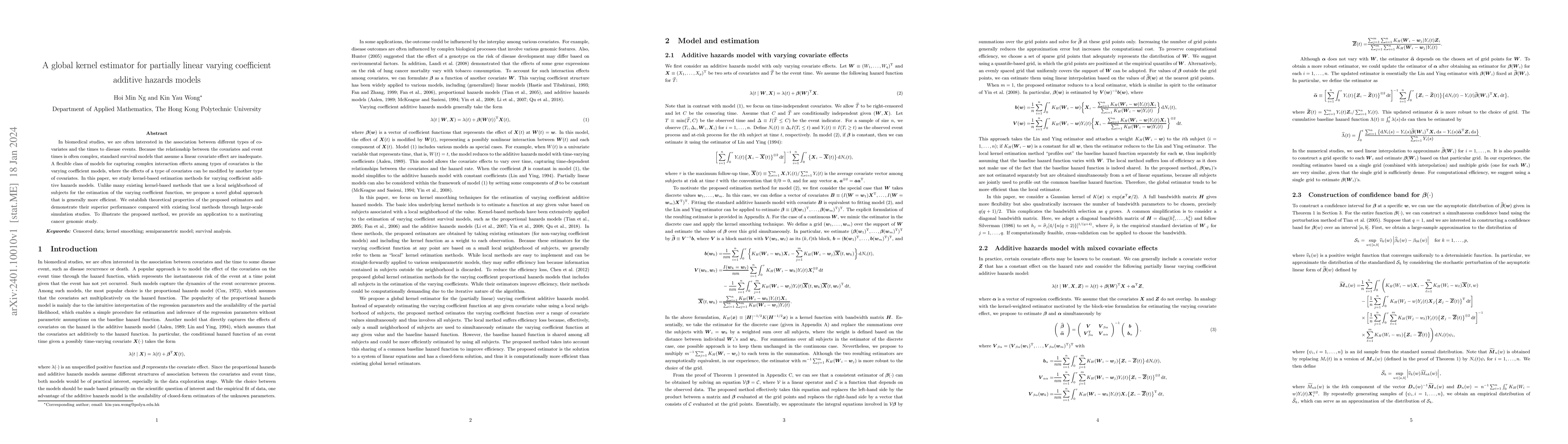 Thumbnail for A global kernel estimator for partially linear varying coefficient
  additive hazards models