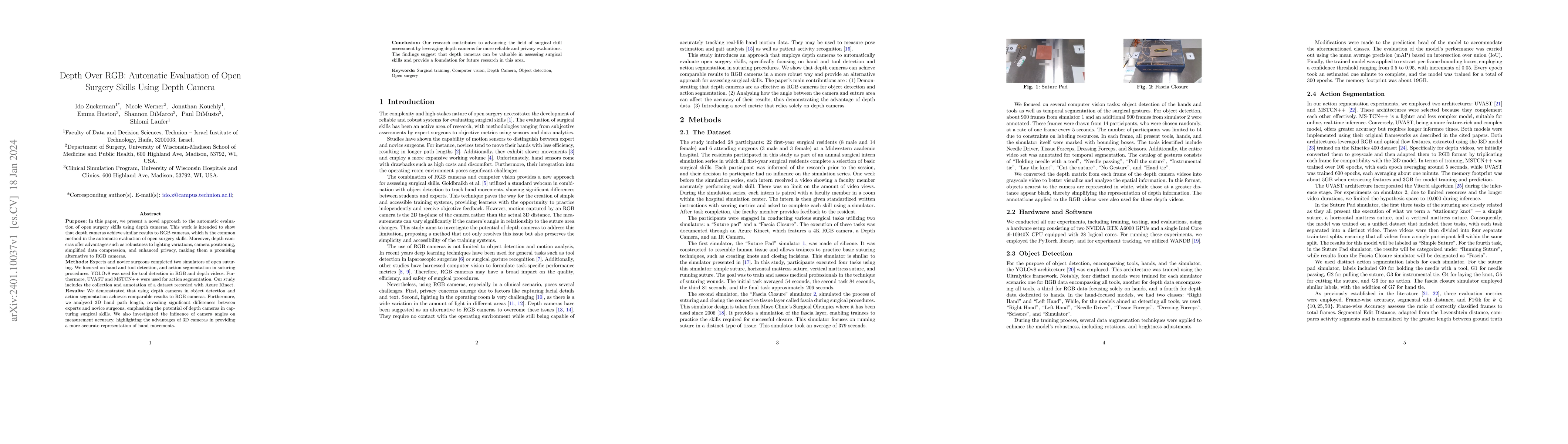Thumbnail for Depth Over RGB: Automatic Evaluation of Open Surgery Skills Using Depth
  Camera